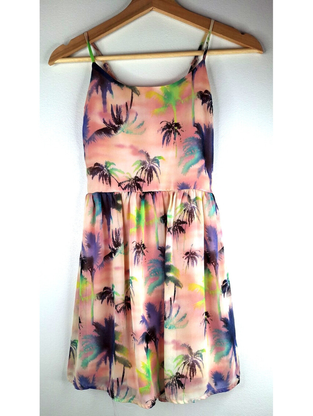 Wet Seal Tropical Watercolor Palm Tree Mini Sun Dress Vintage Y2k 90s Balletcore